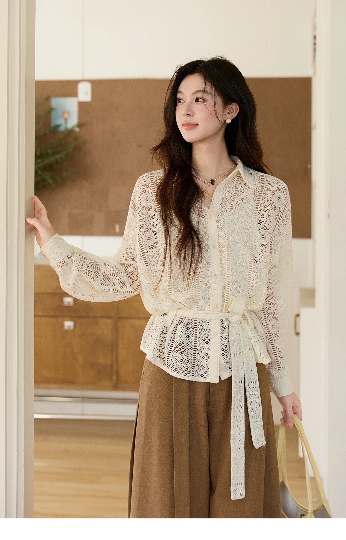 MISHOW Women's Hollow-out Lace Shirt Camisole Set 2026 Spring Lapel Drawstring Waist Sheer Casual Two-Piece Knitwear MXF108C0816