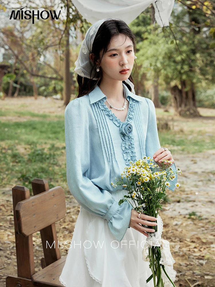 MISHOW Spring New Blouses for Women 2025 V-neck Long Flare Sleeve Solid Shirts Female Fashion Straight Tops Woman MXE14X1730