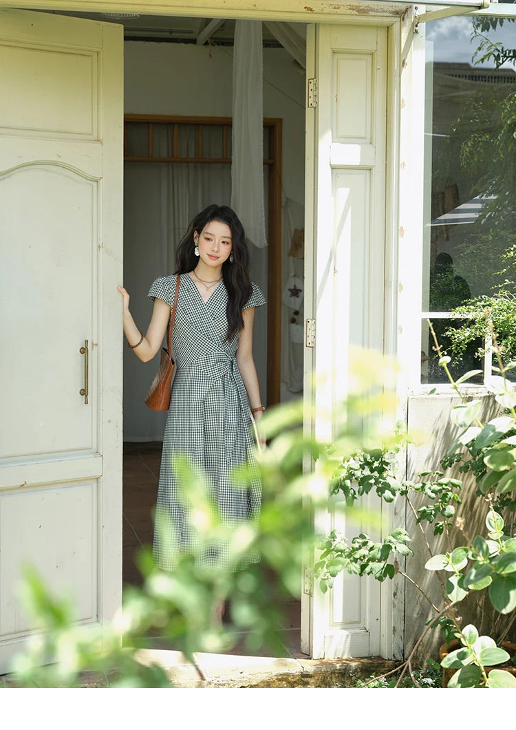 MISHOW Women's Fashion V-neck Dress 2025 Summer Office Lady Plaid Waist Cinched Sashes Short Sleeve Female Dresses MXE39L2410