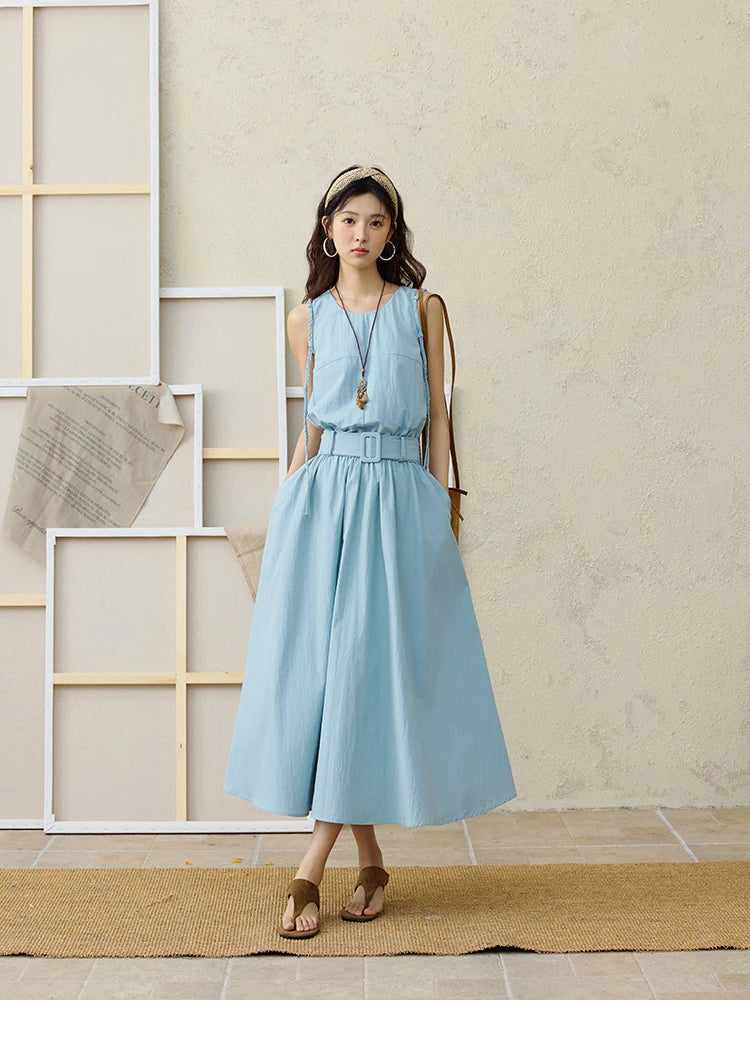 MISHOW Women's Vest Dress 2025 Summer Hand Woven Fried Dough Twists Waist Belt Slim Long Dress A-line Vacation Dress MXE34L2223