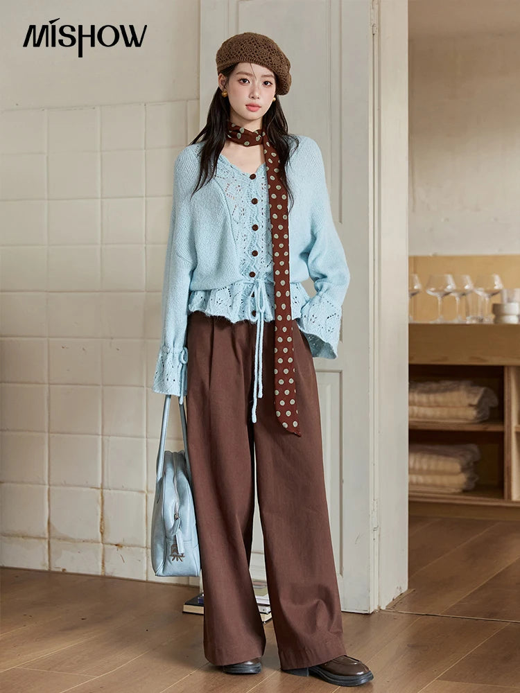 MISHOW Elegant Cardigan Women 2025 Autumn Design Hollow Knit Sweater V-neck Flared Sleeves Loose Casual Sweater MXE47Z2513