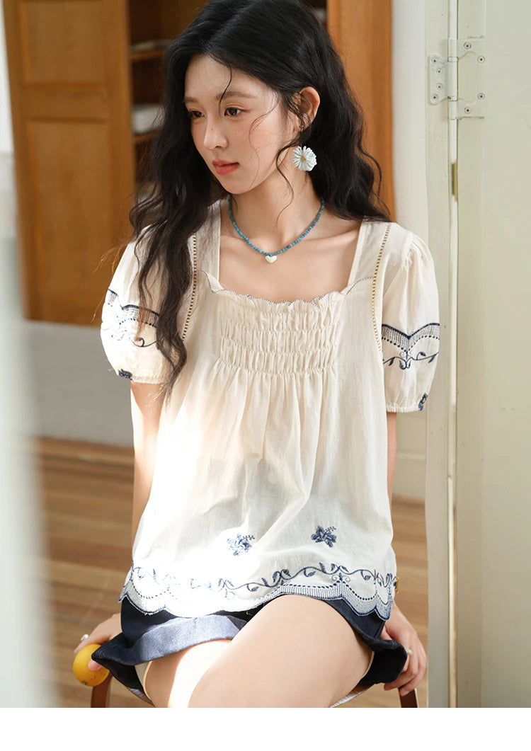 MISHOW Square Neck Puff Sleeve Women's Blouse 2025 Summer Fashion Flower Embroidery Hollow Out Blouse Female Clothing MXE39X1953