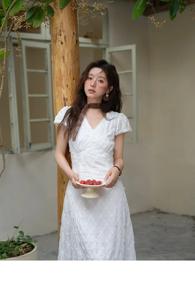 MISHOW Women's V-neck Lace Spliced Dress 2025 Summer New Embroidery Vacation French Style Jacquard Mid-Length Dresses MXE38L2378