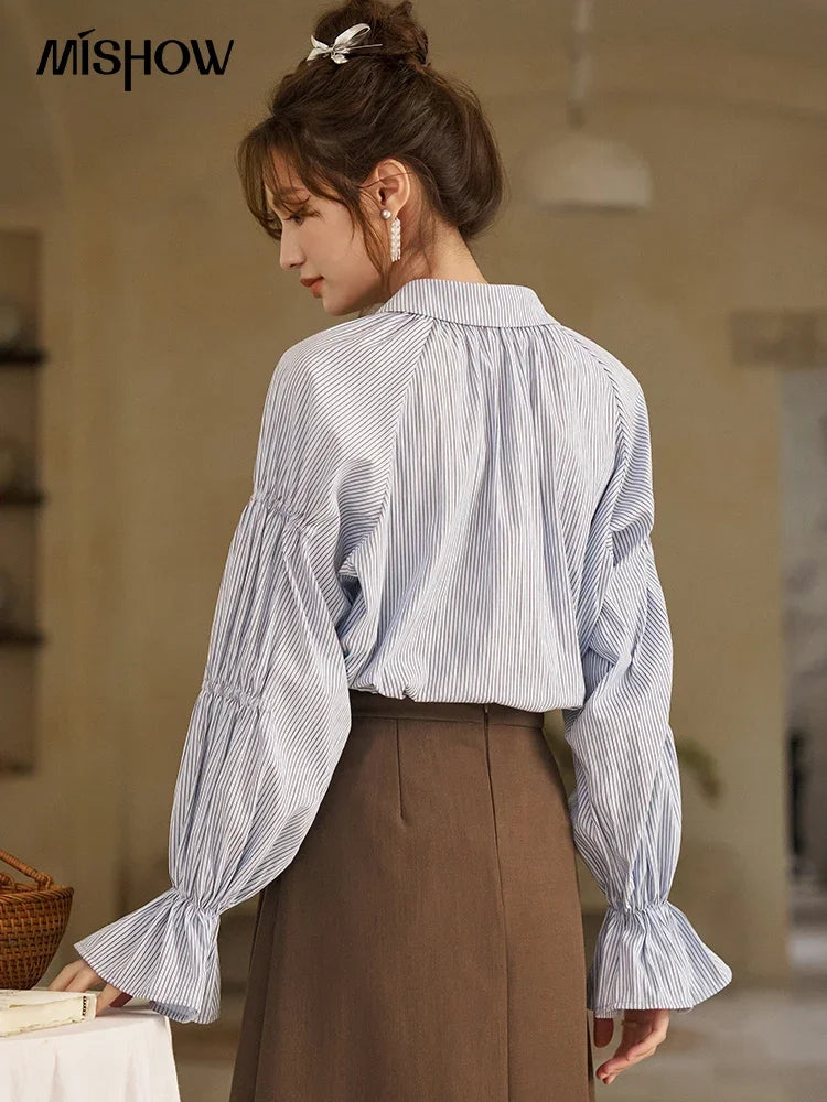 MISHOW Women's Blue Stripe Shirt 2024 Spring Fashion French Retro Bubble Sleeves Doll Neck Loose Tops Office Lady MXD12C0163