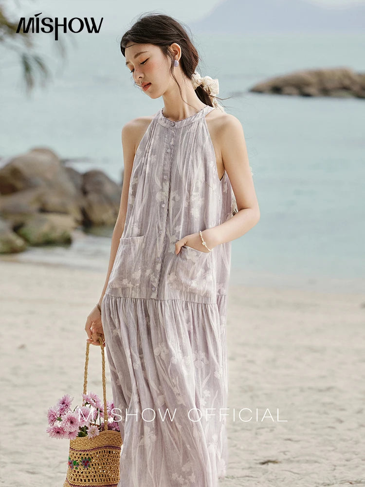 MISHOW Purple Print Chiffon Holiday Dress Women 2025 Summer Sleeveless Stand Collar Slim Dresses Woman New Fashion MXE32L2163