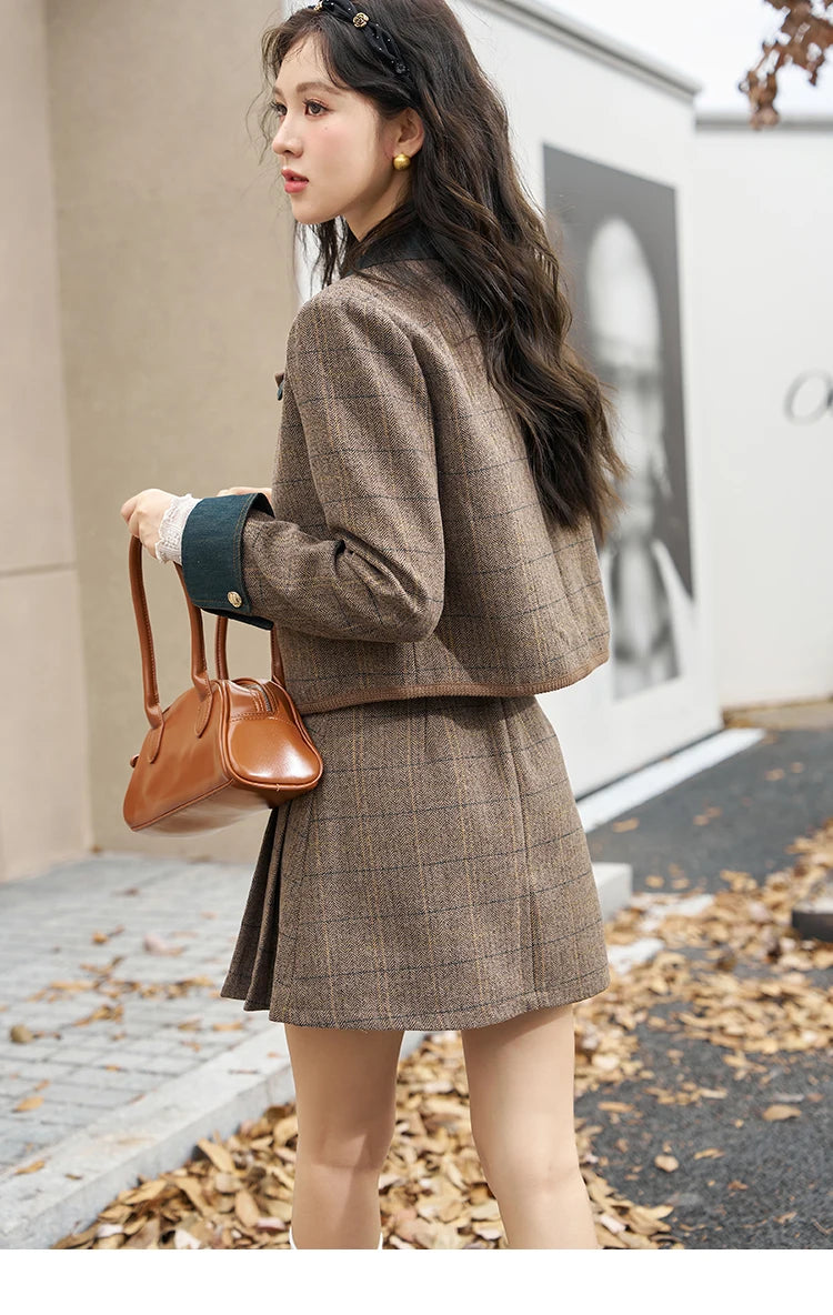 MISHOW Fashion Retro Plaid Coat Half pleated Skirt Separately 2024 Autumn Wool Jacket Retro Skirt Office Lady MXC47W0154