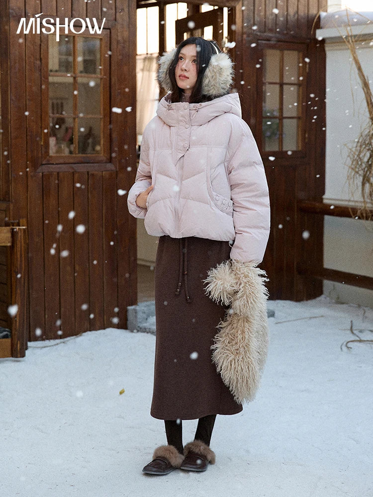 MISHOW Women's Short Coat with 90% White Duck Down Filling Windproof Down-proof Hooded Jacket Lightweight Warm Coat MXE51Y0080