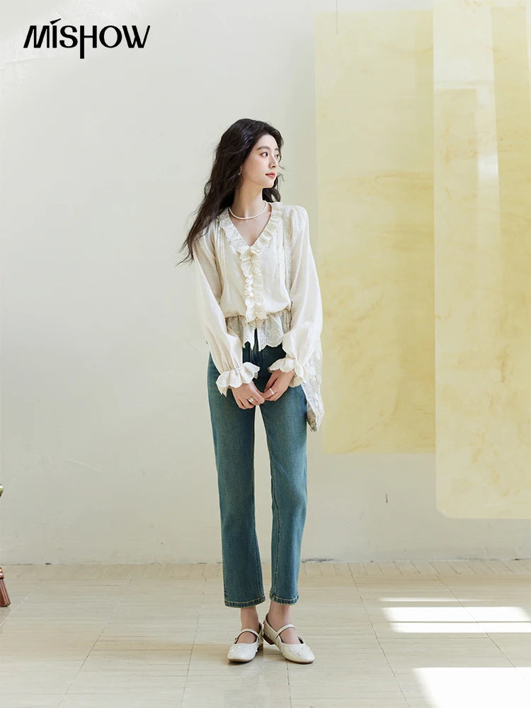 MISHOW Spring New French Shirts for Woman 2025 Long Sleeve V-neck Solid Loose Blouses Women Fashion Versatile Tops MXE14X1732