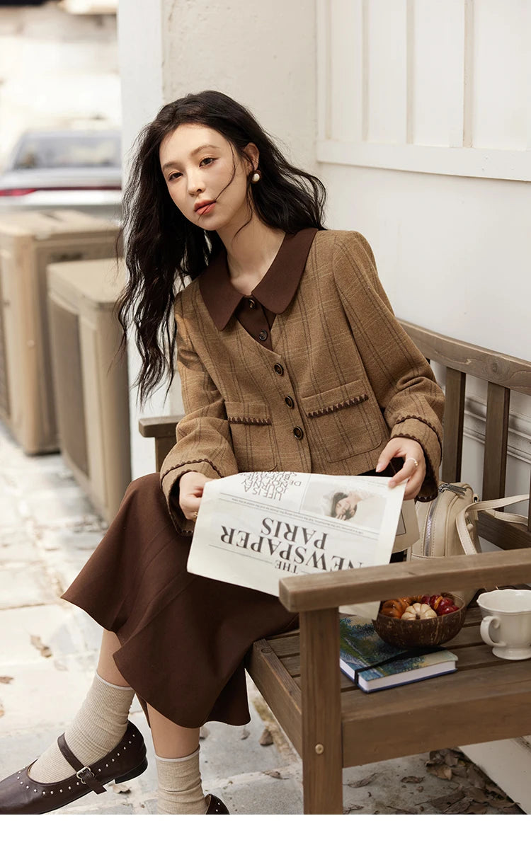 MISHOW Plaid Tweed Coats Midi Skirt Separately Women 2024 Fall Winter Polo Vintage Elegant  Jackets Pleated Skirts MXD46W0460