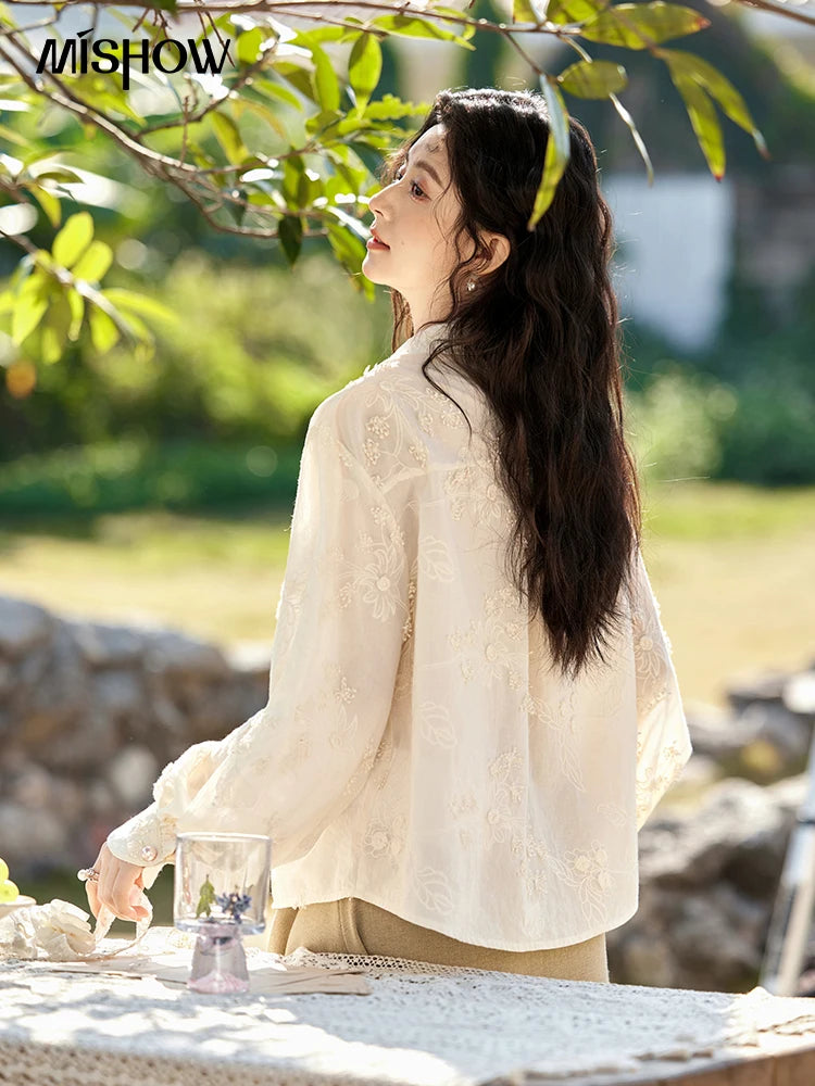 MISHOW 100Cotton Embroidered Jacquard Shirt for Women Spring 2025 Long Sleeved Loose Top Lapel Single Breasted Shirts MXE12C0391