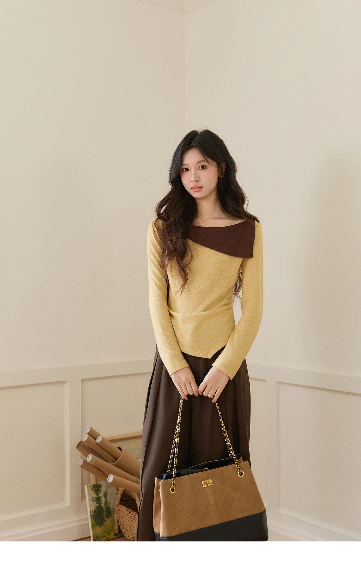 MISHOW Women's Yellow Brown Irregular Top 2026 Spring Contrast Color Oblique Collar Long Sleeve Casual Knitted Tops MXF11Z2911