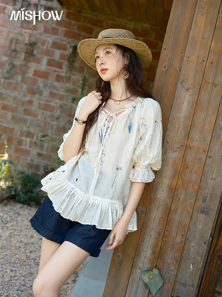 MISHOW Women's V-neck Lace Up Blouse 2025 Summer New Fashion Embroidery Mushroom Edge Commute Top Women's Blouse MXE39X1959