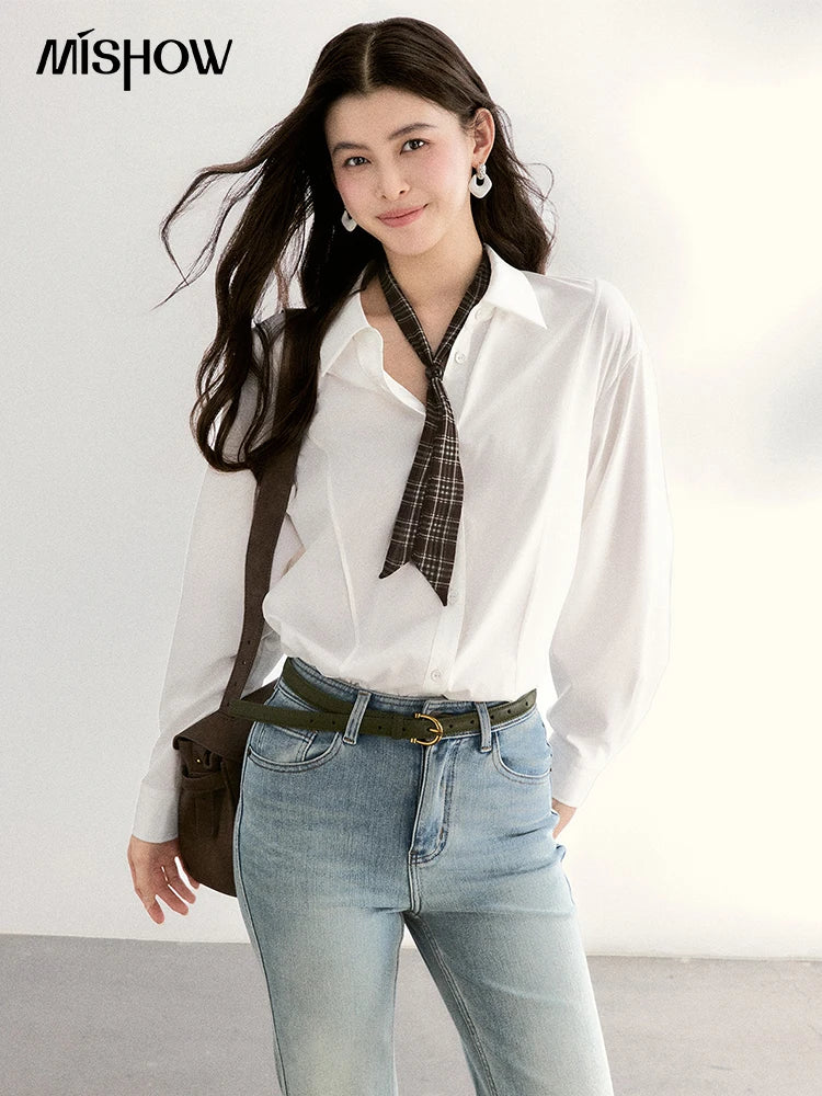 MISHOW Women's Casual Loose Shirt with Plaid Scarf 2026 Spring Lapel Tops Versatile Long Sleeve Shirts Office Lady MXF108C0815