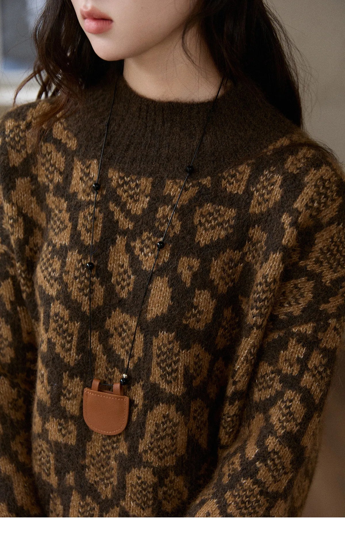 MISHOW Women's Color Block Geometric Leopard Jacquard Sweater Winter French Half Turtleneck Dropped Sleeve Knitwear MXE91Z2839