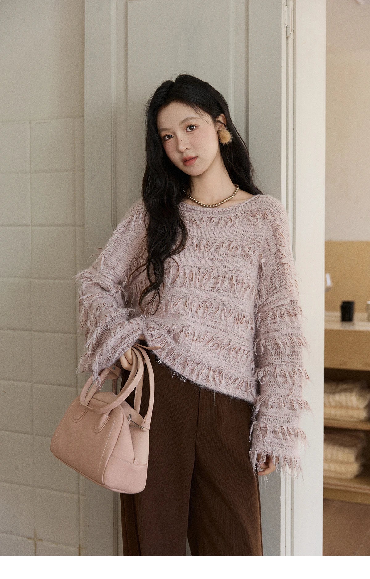 MISHOW Tassel Bead Wool Blended Sweater Autumn Winter 2025 Elegant Thick Knitted Sweater Loose Warm Tops Office Lady MXE90Z2822
