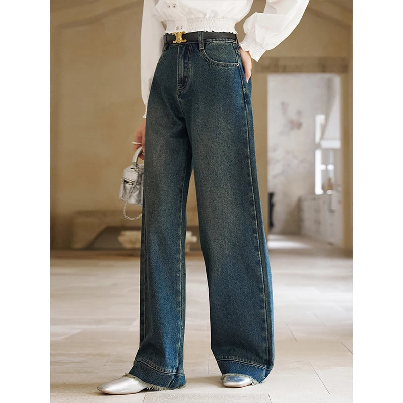 MISHOW American Retro Wide Leg Jeans Spring High Waist Slim Cotton Elastic Denim Straight Trouser Hem Tassels Pants MXD12K0538
