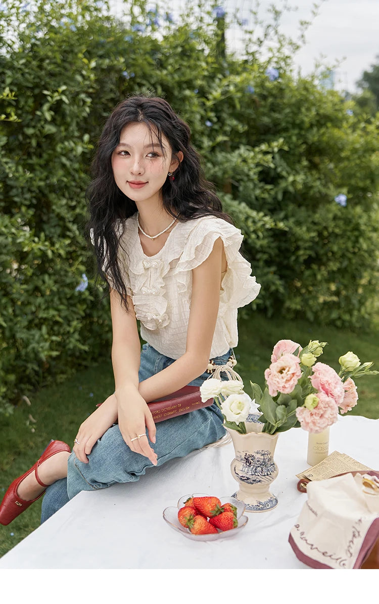 MISHOW Chinese Retro Button Up Blouse for Women 2024 Summer Flying Sleeve Chiffon Embroidery V-Neck Top with Camisole MXD21X1374