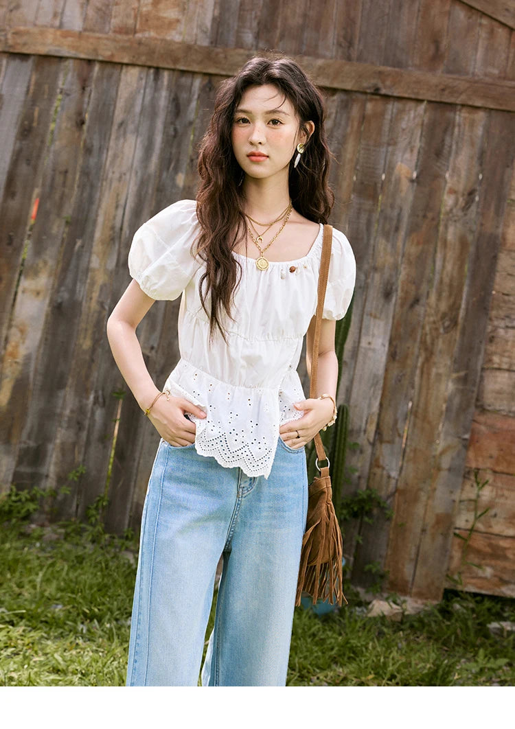 MISHOW French Summer Casual Blouses 2025 Solid Short Puff Sleeve Hem Hollow Cotton Tops Loose Collar Beading Blouse MXE33X1776