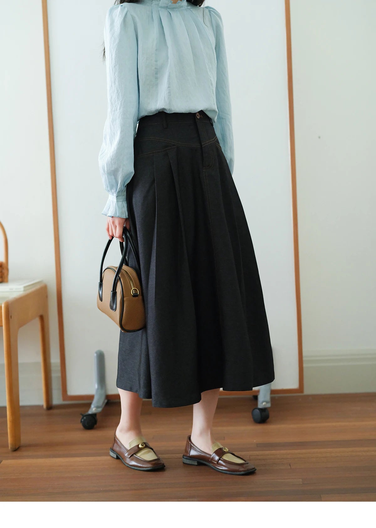 MISHOW High Waist Pleated Umbrella Denim Skirt 2025 Autumn A-LINE Deep Blue Skirts Female One Button Casual Skirts MXE41B2372