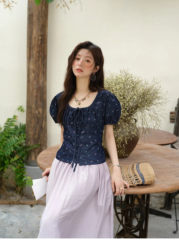MISHOW Fashion Puff Sleeve Square Neck Blouse for Women 2025 Summer Lace Up Button Print Denim Top Women's Clothing MXE39X1933