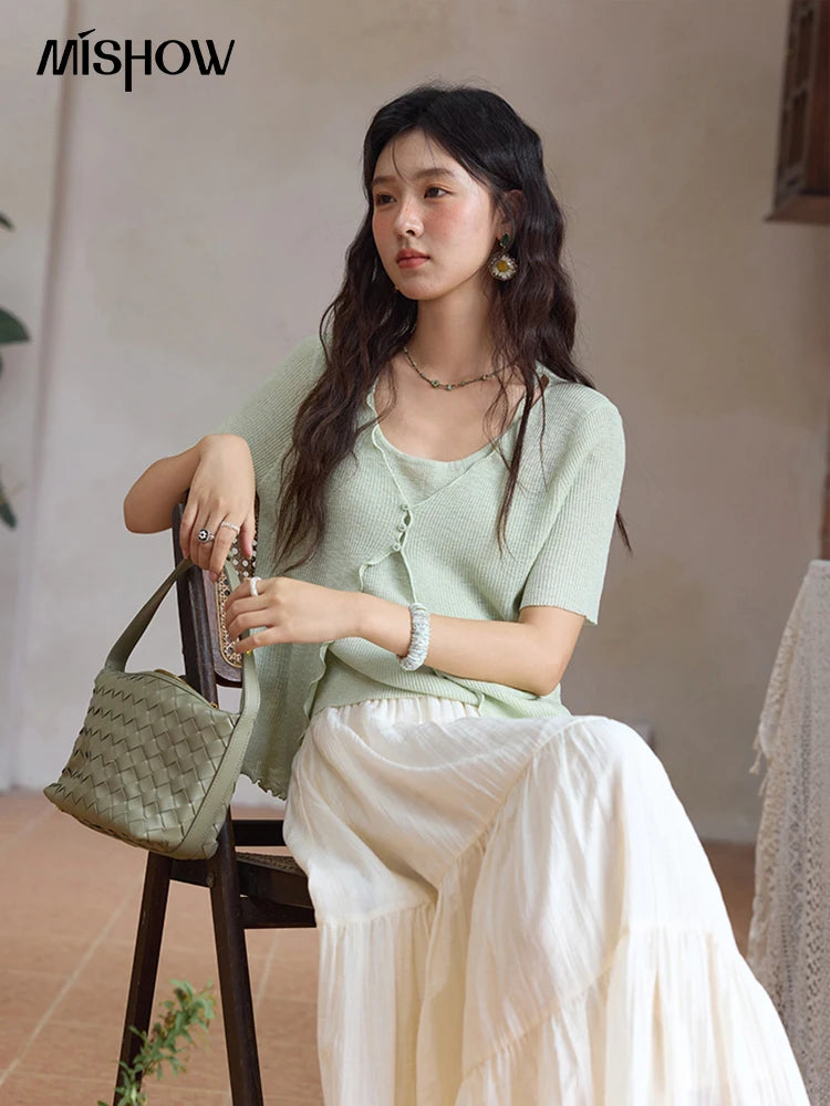 MISHOW Women's Mint Green Fake Two Piece Short Sleeved Knitted Cardigan 2025 Summer Solid Color Loose Comfortable Top MXE36Z1286