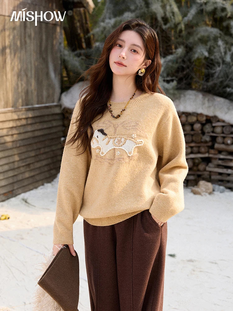 MISHOW Handmade Embroidered Jacquard Sweater for Women in Autumn Winter 2025 Thick Pony Knitted Pullover Sweaters MXE92Z2848
