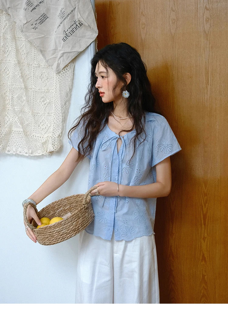 MISHOW Cotton Shirt O-Neck Button Lace Up Hollow Embroidery MXE37X1890