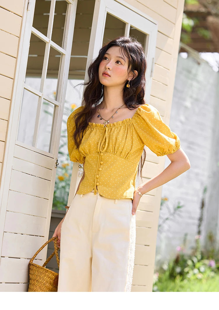 MISHOW Yellow Polka Dot One Shoulder Blouses for Women Summer 2025 Back Elastic Vintage 100 Cotton Top Lace-up Blouse MXE35X1840