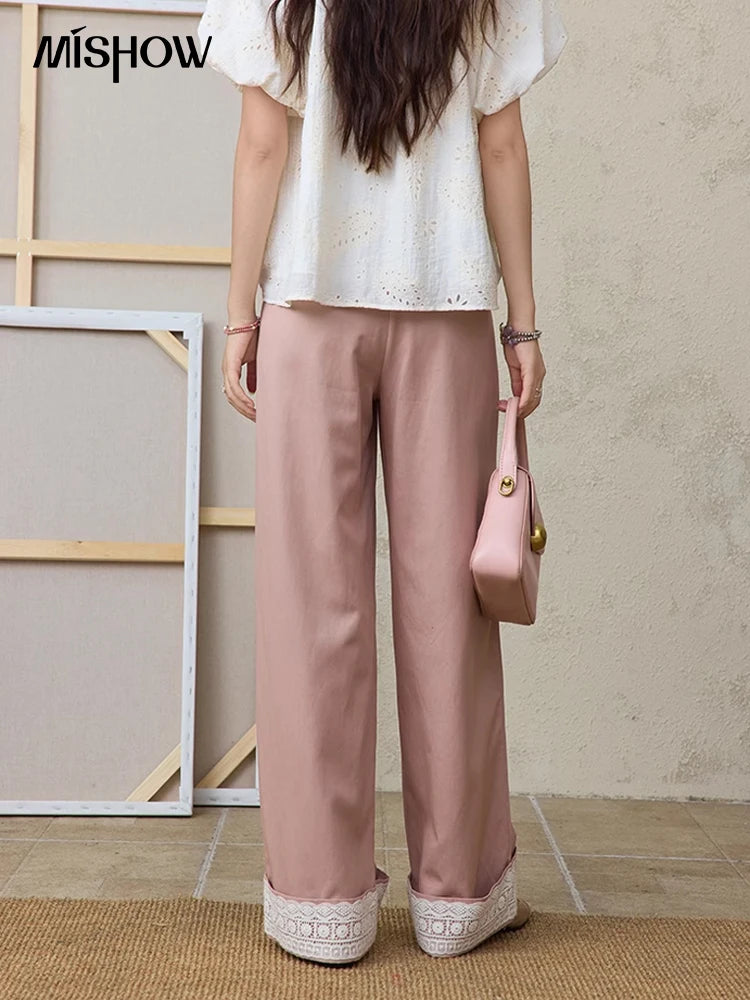 MISHOW Hem Lace Hollow Out Wide Leg Pants for Women Summer 2025 High Waist Loose Pink Pants Straight Leg Trousers MXE31K0900