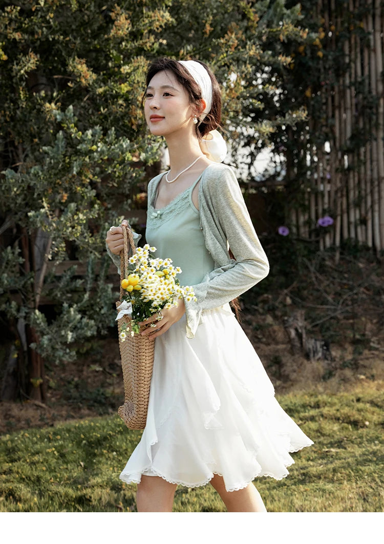 MISHOW Light Green Camisole Knit Cardigan Two-piece Set Spring Summer 2025 Lace Bow Camisole V-neck Cardigan Sets MXE15T0504