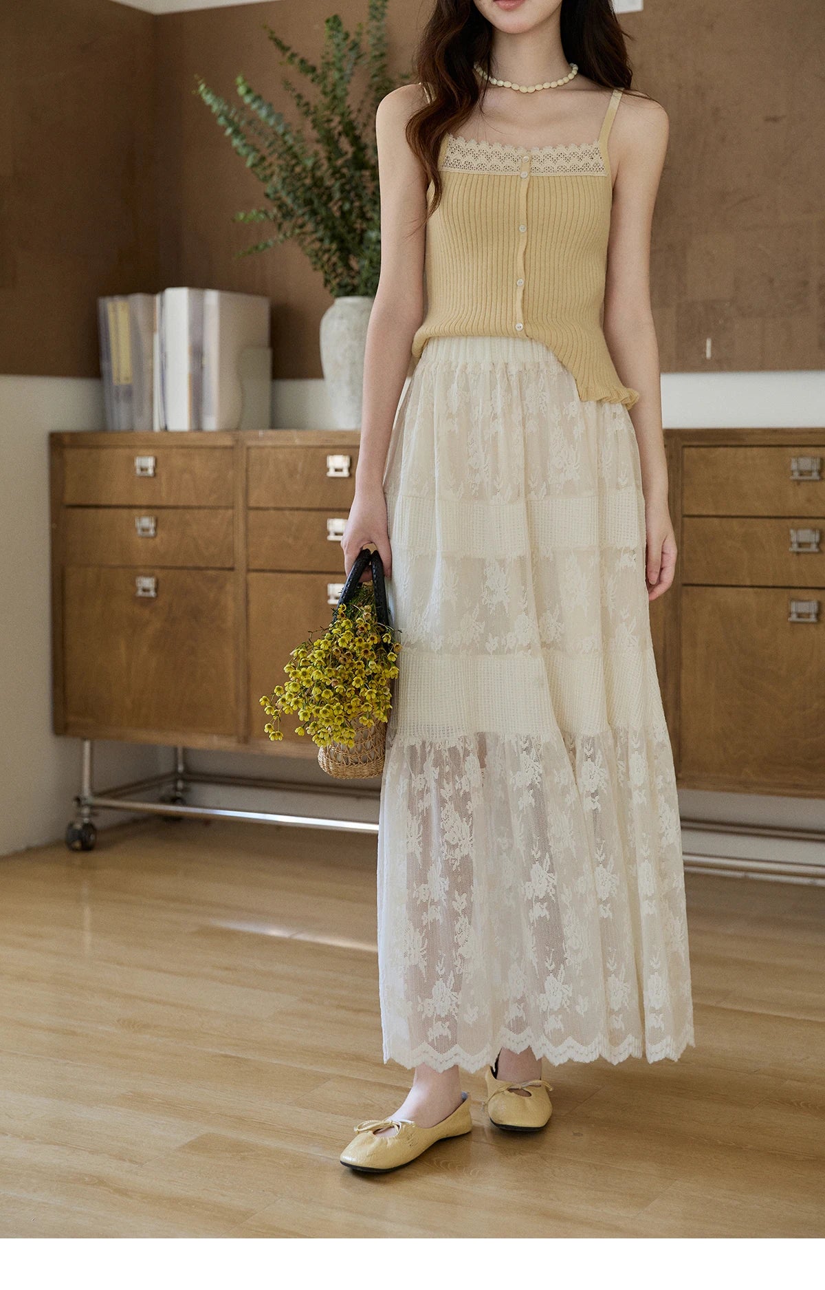 MISHOW Women's Cream Lace Maxi Skirt 2026 Spring Summer Floral Embroidery Tiered Ruffled High Waist Casual Long Skirt MXF11B2462