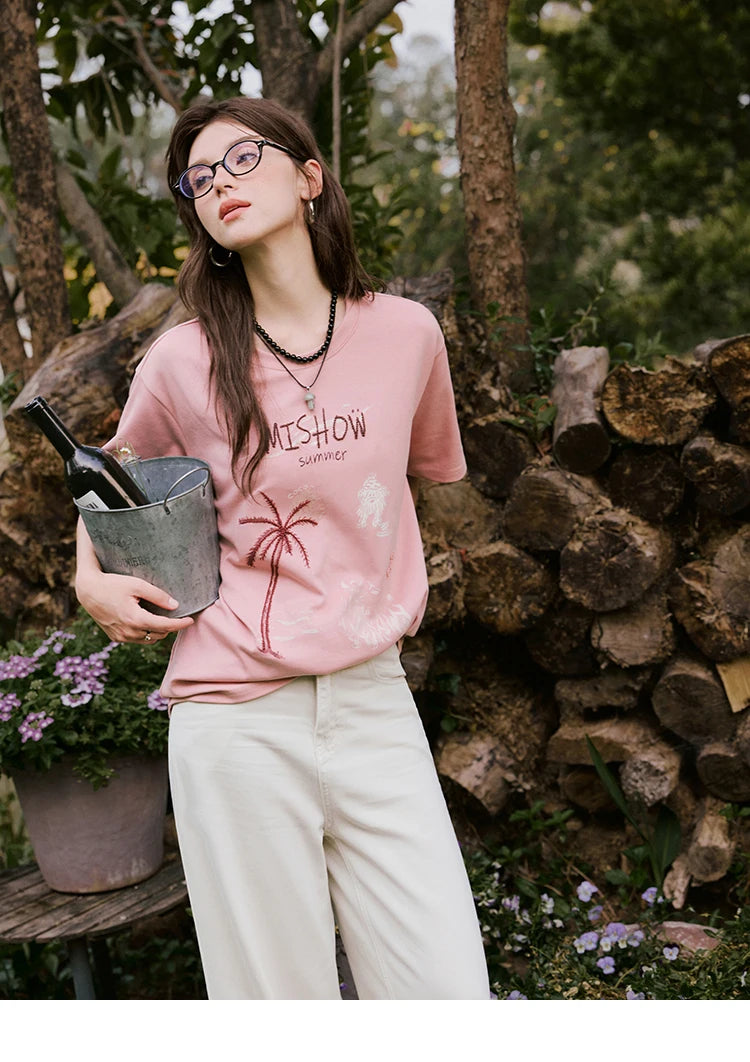 MISHOW Casual Print T-shirts Women 2025 Summer New Short Sleeve Round Neck Coconut Tree Pattern Shirt Woman Holiday MXE31T0516