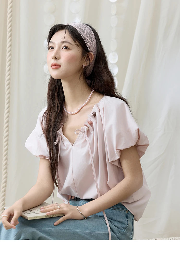 MISHOW Solid French Summer Blouses Woman 2025 New Short Puff Sleeve V-neck Beaded Retro Shirts Women Fashion Tops MXE33X1757