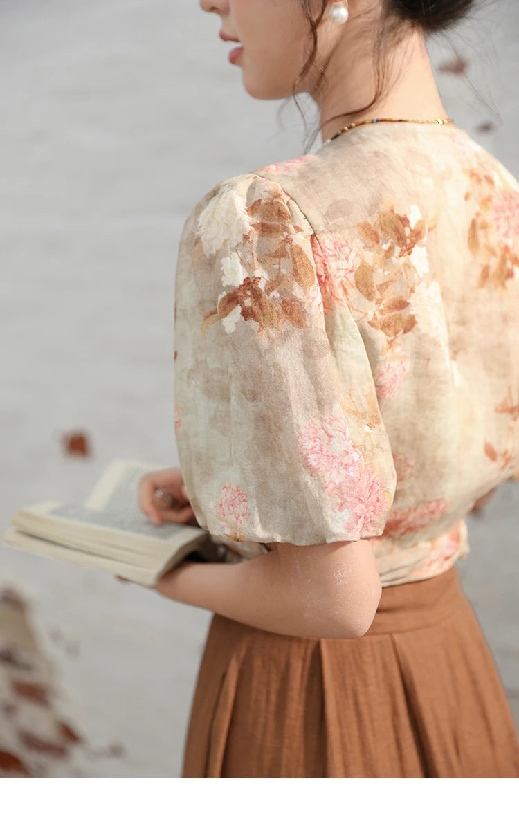 MISHOW French V-neck Floral Tops 2024 Summer Retro Short Sleeved Blouses Female Puff Sleeve Hem Strap One Piece Top MXD28X1619