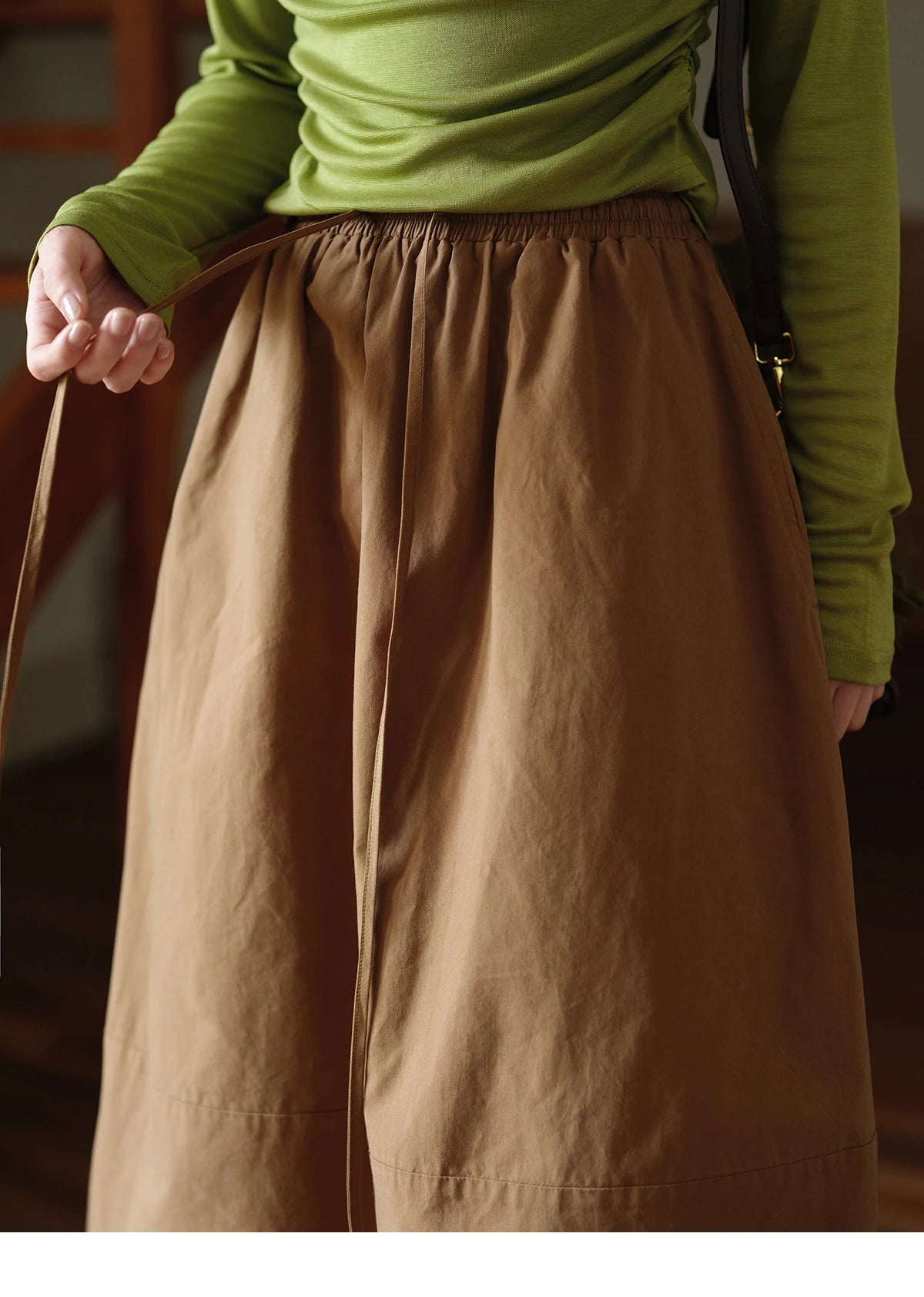 MISHOW Autumn Brown Cotton Bud Skirt 2025 Autumn Elastic Drawstring High Waist Slim A-line Casual Skirt with Pocket MXE41B2367