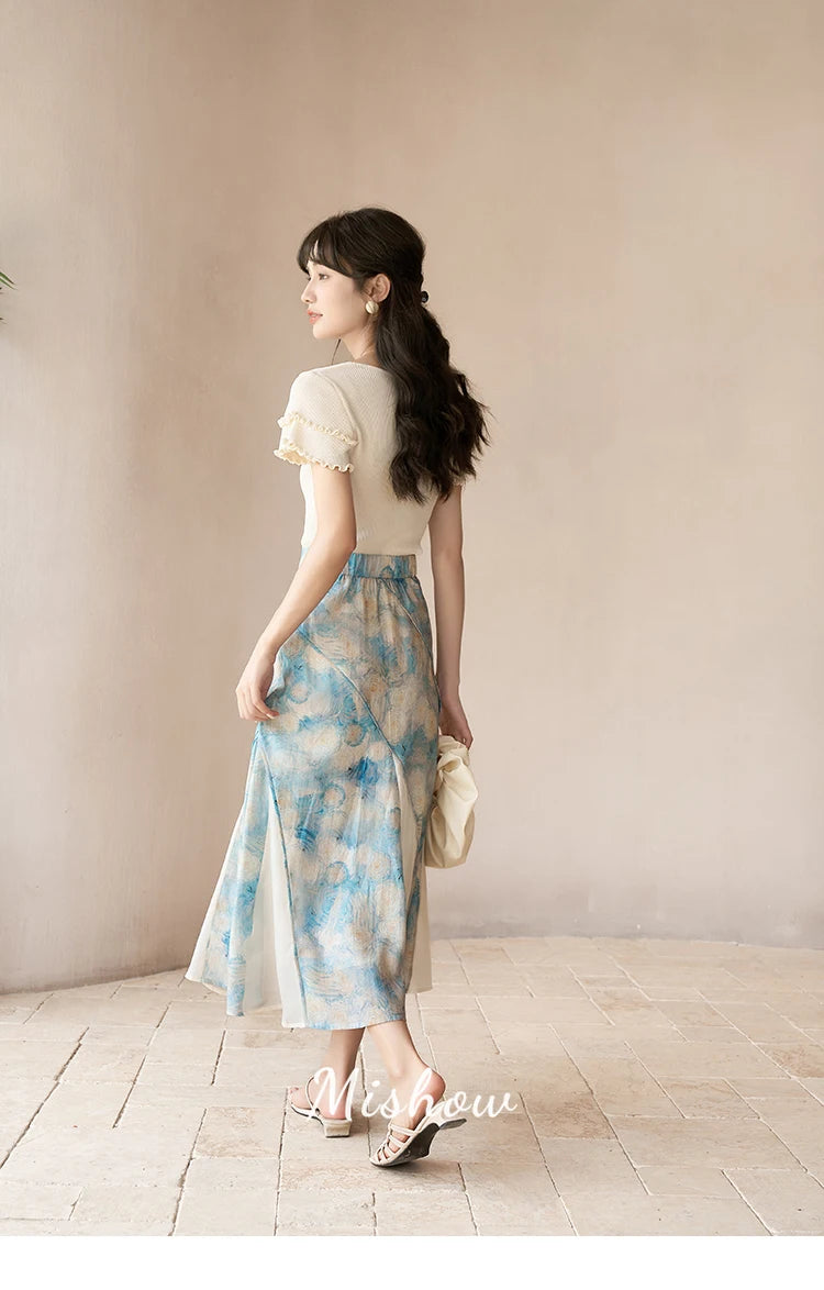 MISHOW French Skirts of Women Fashion 2023 [Van Gogh Collection] Art Pleated High Waist Slim Fit Female A-LINE Skirts MXC39B0095