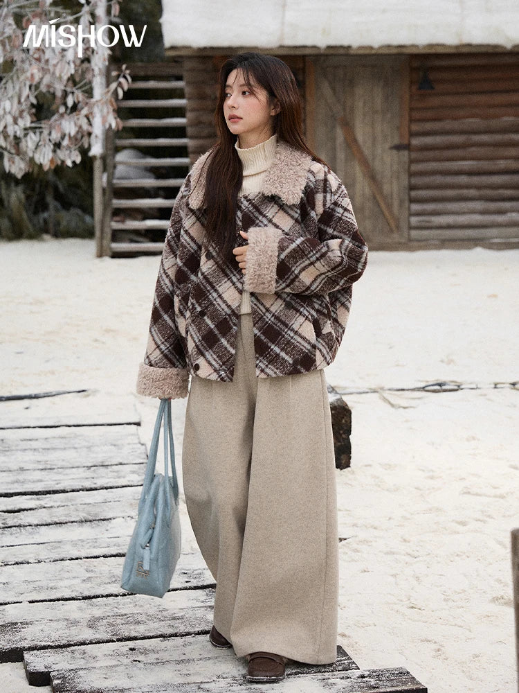 MISHOW Woman Jacket 2025 Autumn Winter Loose Retro Plaid Turn-down Collar Short Jacket Commute Warm Wool Blend Coat MXE89W0904