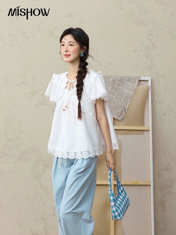 MISHOW White Lace Up Blouse Women's 2025 Summer New Fashion Butterfly Sleeve Hollow Lace Splicing Top Female Clothing MXE34X1784