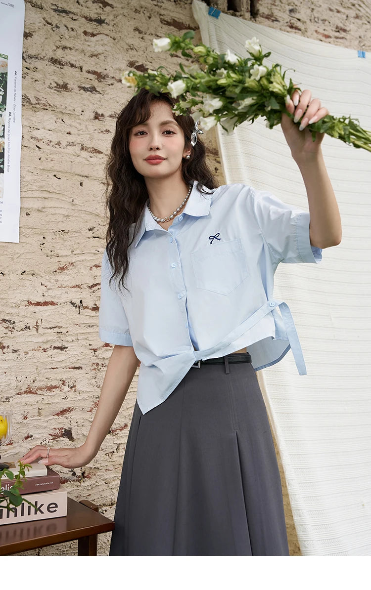 MISHOW Same Color Bow Embroidered Shirt Summer 2024 Lapel Collar Asymmetric Hem 100 Cotton Casual Short Sleeved Top MXD23C0257