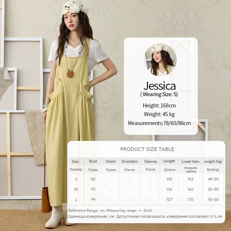 MISHOW Women's Cargo Large Pocket Strap Dress 2025 Summer Lemon-yellow Sleeveless Dress Retro Square Neck Loose Dress MXE35L2302