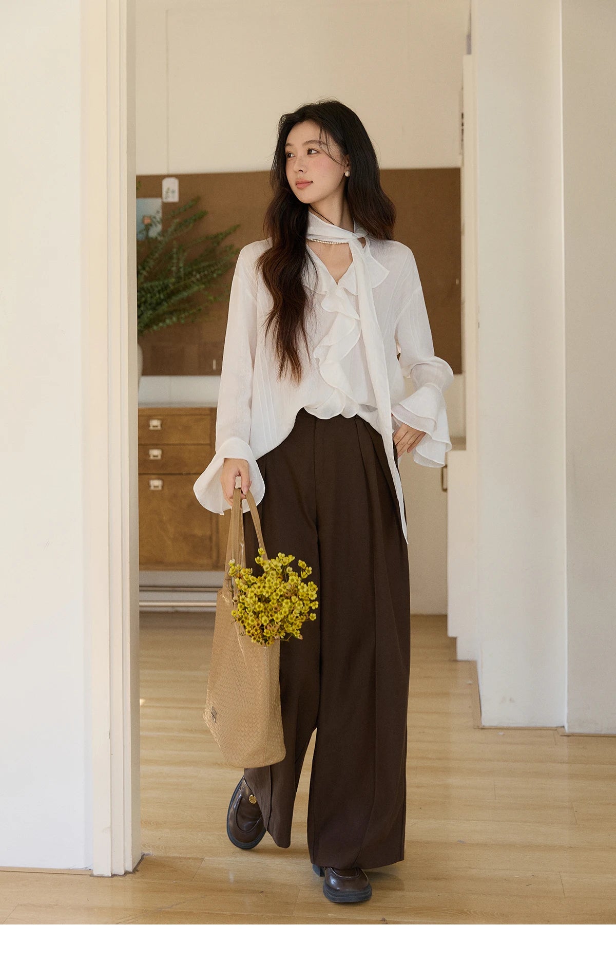 MISHOW Women's Ruffle Trim Chiffon Blouse with Detachable Scarf 2026 Spring Long Sleeve Loose Fit Casual White Top MXF108X0999