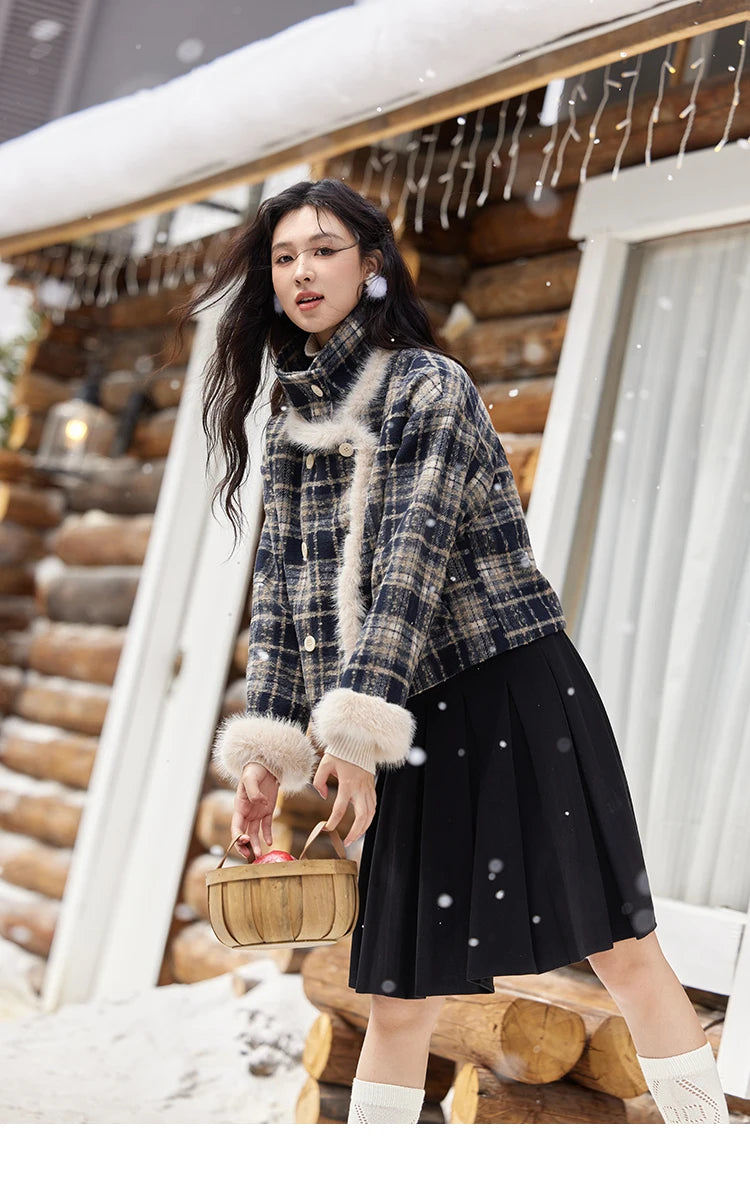 Mishow Vintage Plaid Fur Collar Stand Collar Jacket MXD36W0503