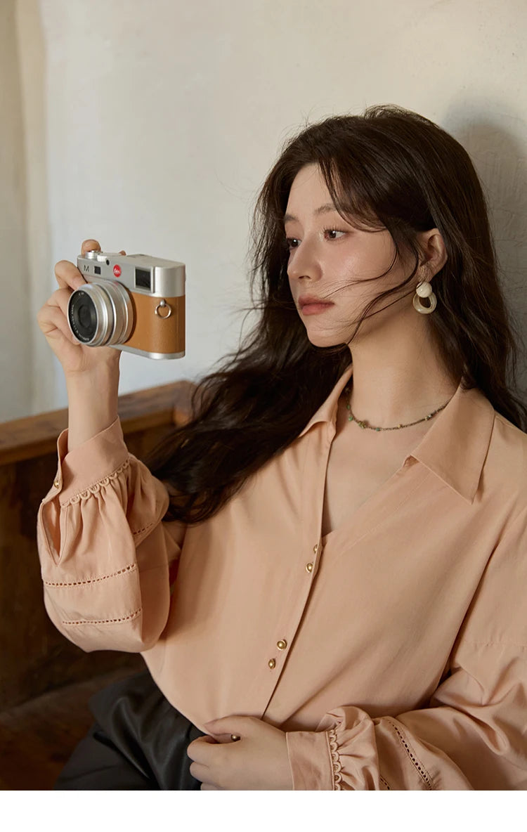 MISHOW Women's Shirt Lantern Sleeve Hollow Out Tops 2025 Autumn Single Breasted Solid Shirts Lapel Shirt Office Lady MXE41C2359