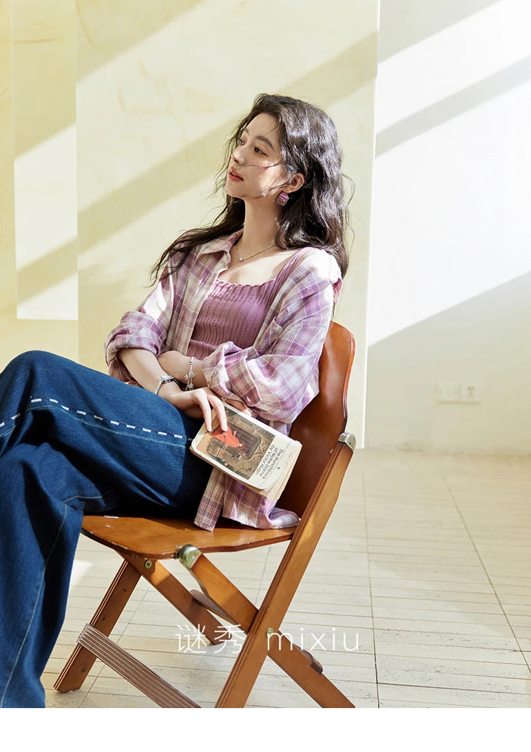 MISHOW Women's 100 Cotton Long-sleeve Purple Plaid Shirt Spring 2025 Loose Pockets Casual Shirts Korean Polo Neck Top MXE14C0417