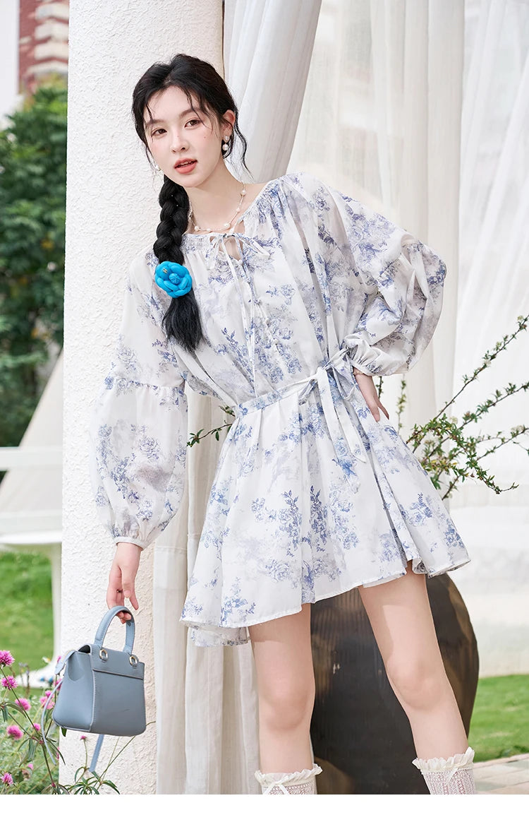 MISHOW Fairy Temperament Floral Puff Sleeved Chiffon Dress Spring Summer 2025 Lace-up O Neck Waist Knee-Length Dress MXD14L1681