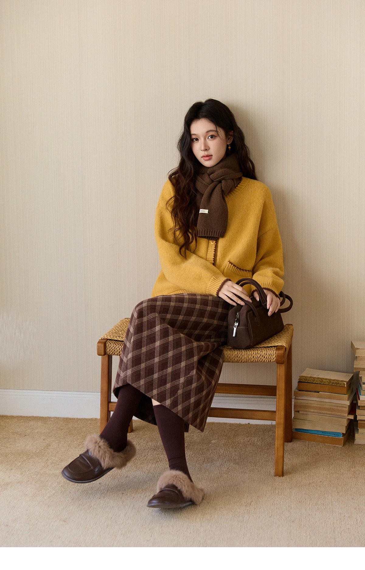 MISHOW Women's Yellow Knitted Cardigan 2025 Autumn Winter Color Collision Edge Sweater Pockets Loose Warm Casual Tops MXE94Z2973