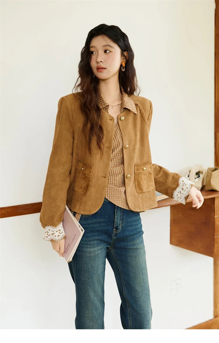 MISHOW Fragrant Suede Jacket for Women Autumn 2025 Cuffs Hollowed Out Lace Short Coats O-neck Metal Button Jackets MXE46W0839