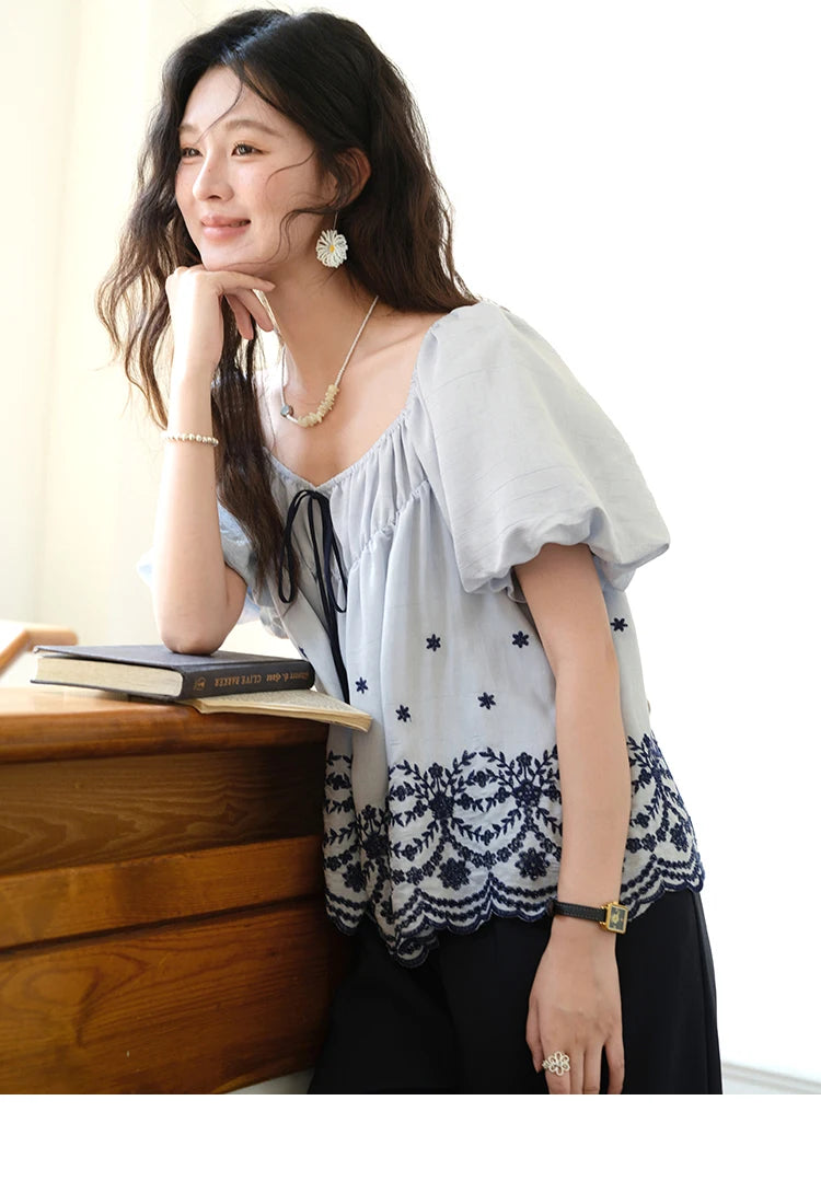 MISHOW Women's Summer Loose Print Blouse 2025 New Fashion Square Neck Lace Up Puff Sleeve Blue Blouse Female Clothing MXE36X1799