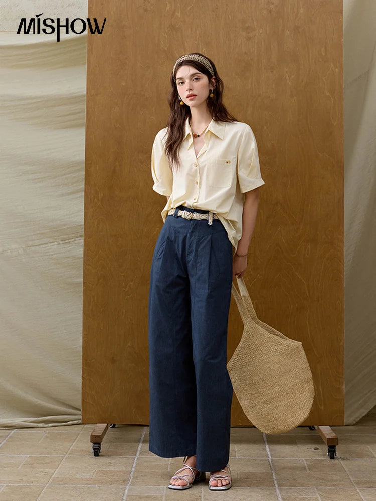 MISHOW Office Lady Summer Pants Women New 2025 Retro Dark Blue High Waist Wide-leg Pants Female Slimming Straight MXE31K0902