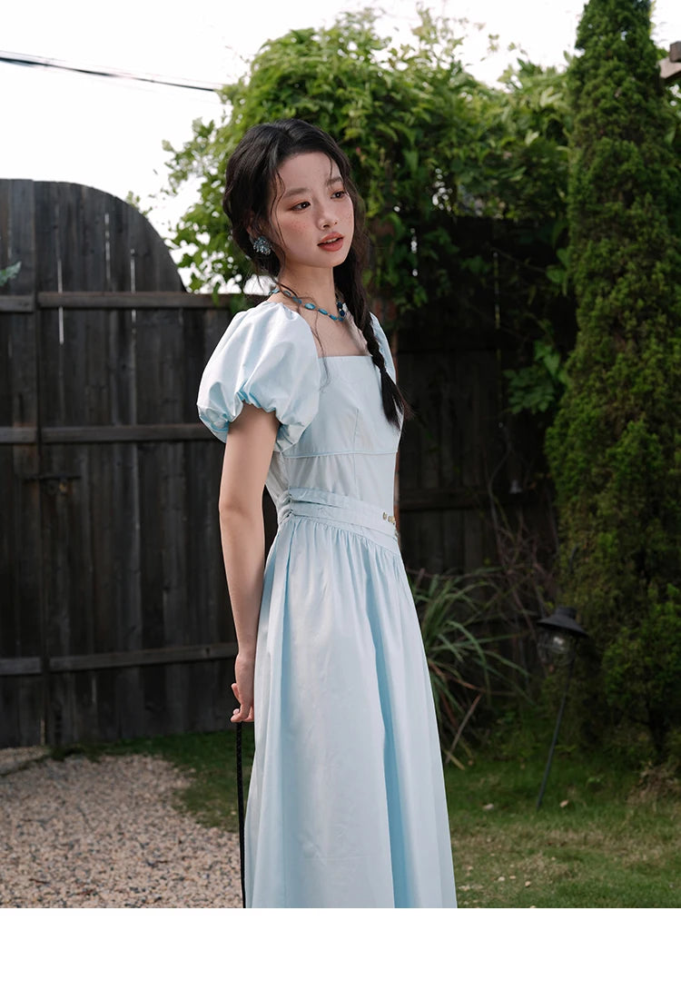 MISHOW Women's Square Neck Short Sleeve Dress 2025 Summer New Fashion Puff Sleeve Double Belt Dresses Ladies Clothing MXE34L2222